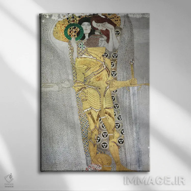 تابلو Beethoven Frieze, 1902,جزئیات شوالیه، نقش برجسته بتهوون، ۱۹۰۲ اثر گوستاو کلیمت - نمای روبهرو روی دیوار