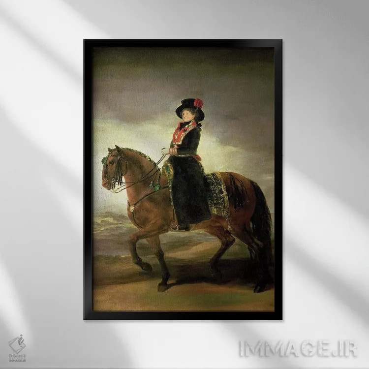 تابلو 1799,پرتره سواره ملکه ماریا لوئیزا (همسر شاه کارلوس چهارم اسپانیا)، ۱۷۹۹ اثر فرانسیسکو گویا (نقاش و چاپگر اسپانیایی) - نمای قابدار مشکی