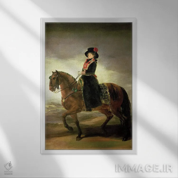 تابلو 1799,پرتره سواره ملکه ماریا لوئیزا (همسر شاه کارلوس چهارم اسپانیا)، ۱۷۹۹ اثر فرانسیسکو گویا (نقاش و چاپگر اسپانیایی) - نمای قابدار سفید
