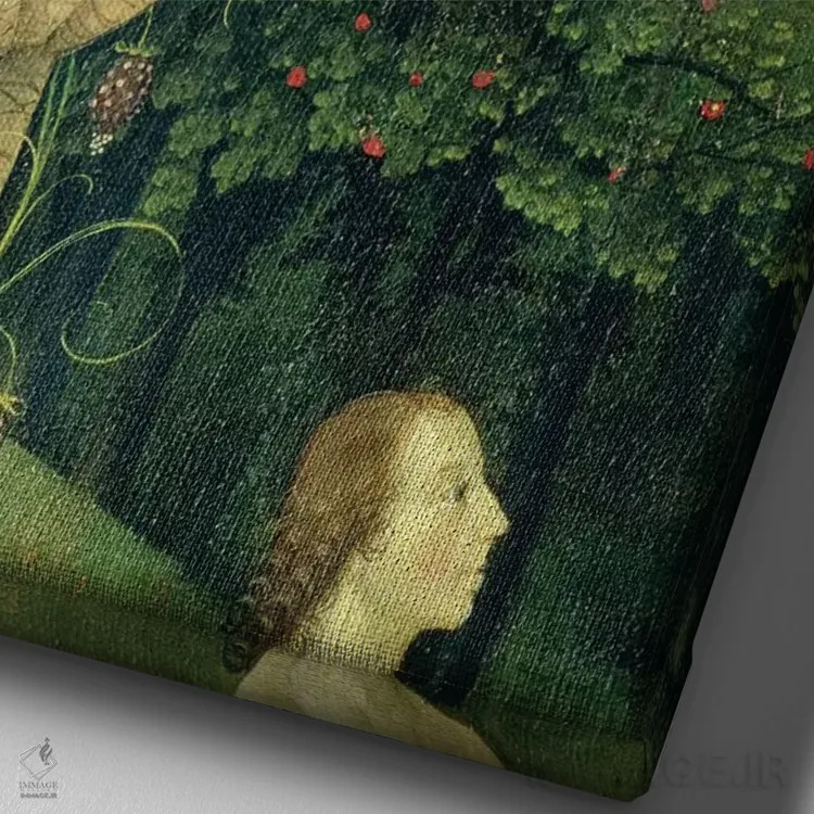 تابلو The Garden Of Earthly Delights, 1490-1500,جزئیات درخت دانش نیک و بد در بهشت، باغ لذتهای زمینی، ۱۴۹۰–۱۵۰۰ اثر هیرونیموس بوش - نمای نزدیک بافت بوم