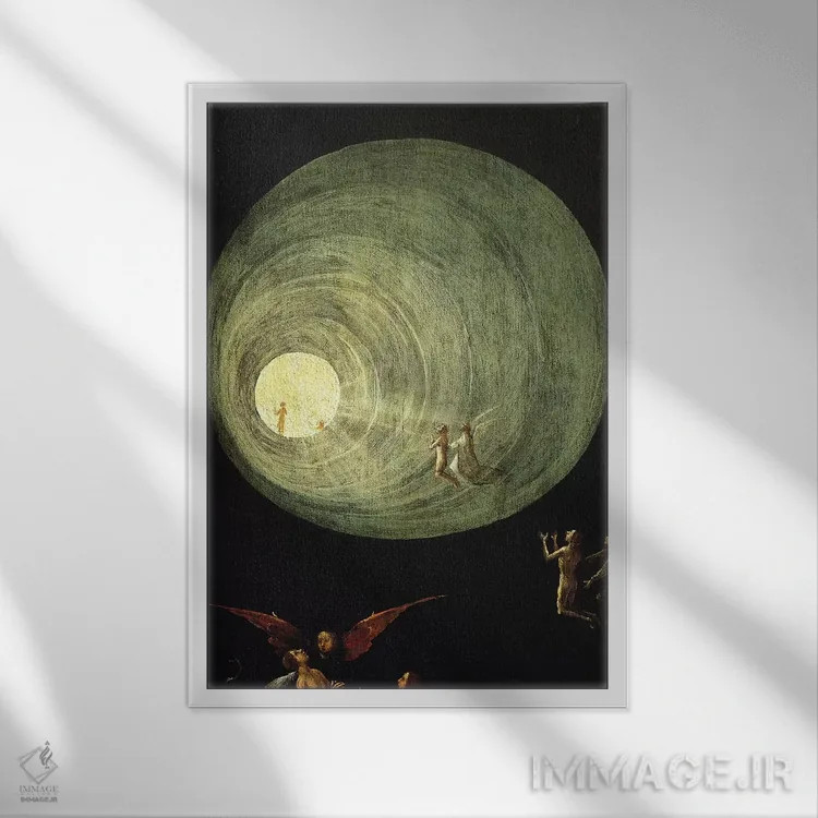 تابلو Ascent Of The Blessed,جزئیات قیف نیکی و نور، عروج سعادتمندان اثر هیرونیموس بوش - نمای قابدار سفید