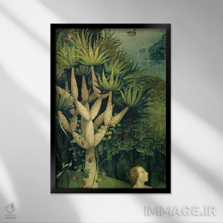 تابلو The Garden Of Earthly Delights, 1490-1500,جزئیات درخت دانش نیک و بد در بهشت، باغ لذتهای زمینی، ۱۴۹۰–۱۵۰۰ اثر هیرونیموس بوش - نمای قابدار مشکی