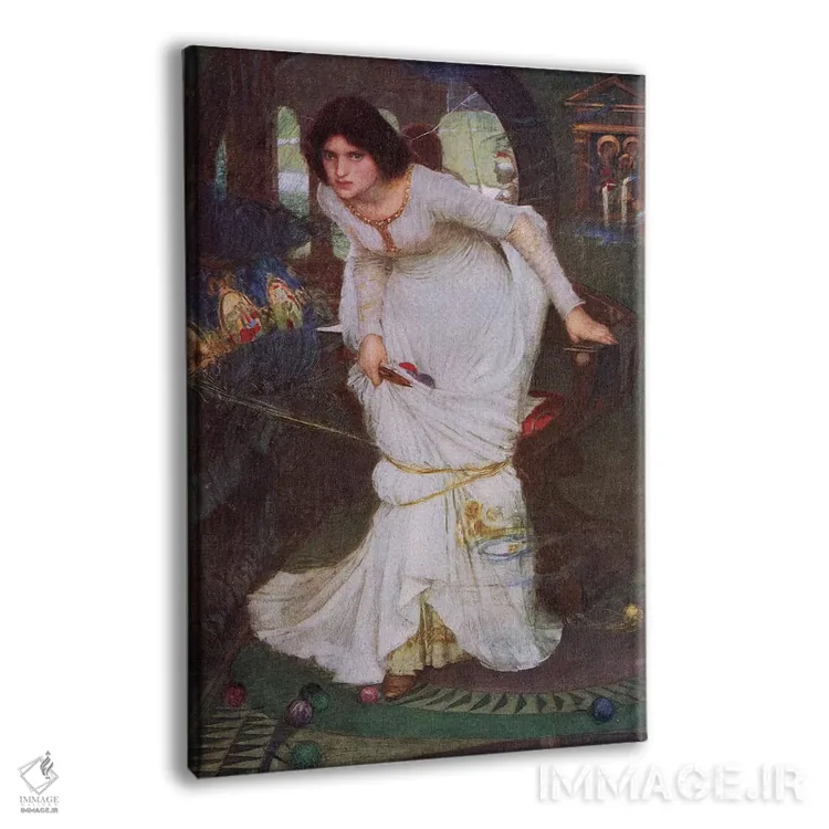 تابلو بانو شالوت در حال نگاه به لنسلوت (سنگنگاره از نسخه ۱۹۱۵ سالنامه Bibby) اثر جان ویلیام واترهاوس (نقاش انگلیسی سبک پره-رافائلیت) - نمای پرسپکتیو محصول