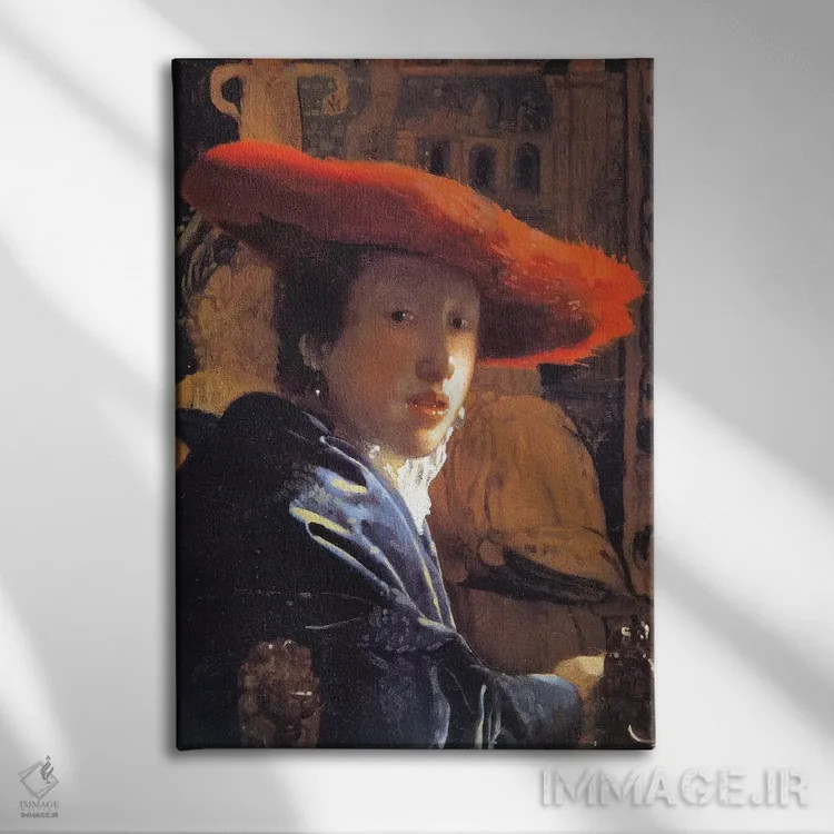 تابلو c.1665,دختر با کلاه قرمز، حدود ۱۶۶۵ اثر یوهانس ورمیر (نقاش هلندی) - نمای روبهرو روی دیوار