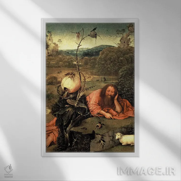 تابلو یوحنا تعمیددهنده در مراقبه اثر هیرونیموس بوش - نمای قابدار سفید