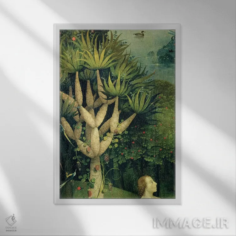 تابلو The Garden Of Earthly Delights, 1490-1500,جزئیات درخت دانش نیک و بد در بهشت، باغ لذتهای زمینی، ۱۴۹۰–۱۵۰۰ اثر هیرونیموس بوش - نمای قابدار سفید