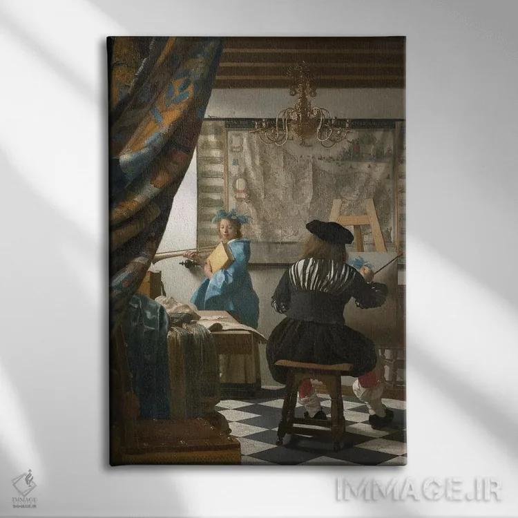 تابلو c.1665-66,هنر نقاشی (نقاش در استودیو)، حدود ۱۶۶۵–۶۶ اثر یوهانس ورمیر (نقاش هلندی) - نمای روبهرو روی دیوار