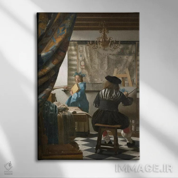 تابلو c.1665-66,هنر نقاشی (نقاش در استودیو)، حدود ۱۶۶۵–۶۶ اثر یوهانس ورمیر (نقاش هلندی) - نمای روبهرو روی دیوار