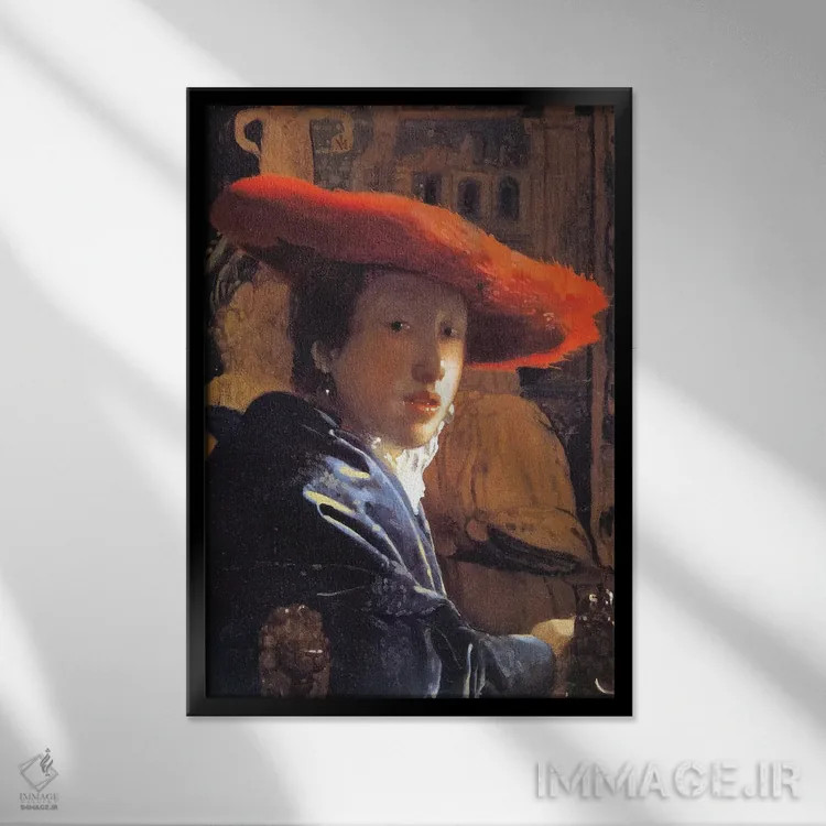تابلو c.1665,دختر با کلاه قرمز، حدود ۱۶۶۵ اثر یوهانس ورمیر (نقاش هلندی) - نمای قابدار مشکی