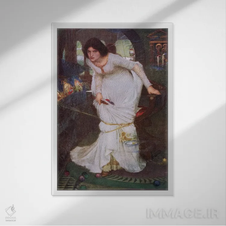 تابلو بانو شالوت در حال نگاه به لنسلوت (سنگنگاره از نسخه ۱۹۱۵ سالنامه Bibby) اثر جان ویلیام واترهاوس (نقاش انگلیسی سبک پره-رافائلیت) - نمای قابدار سفید