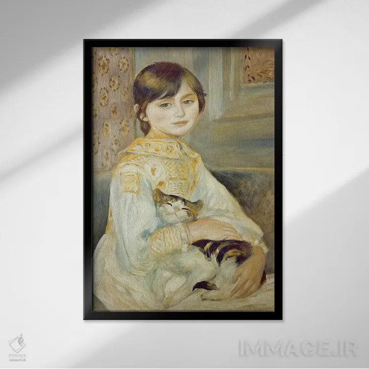 تابلو 1887,ژولی مانت با گربه، ۱۸۸۷ اثر پیر-اوگوست رنوار - نمای قابدار مشکی