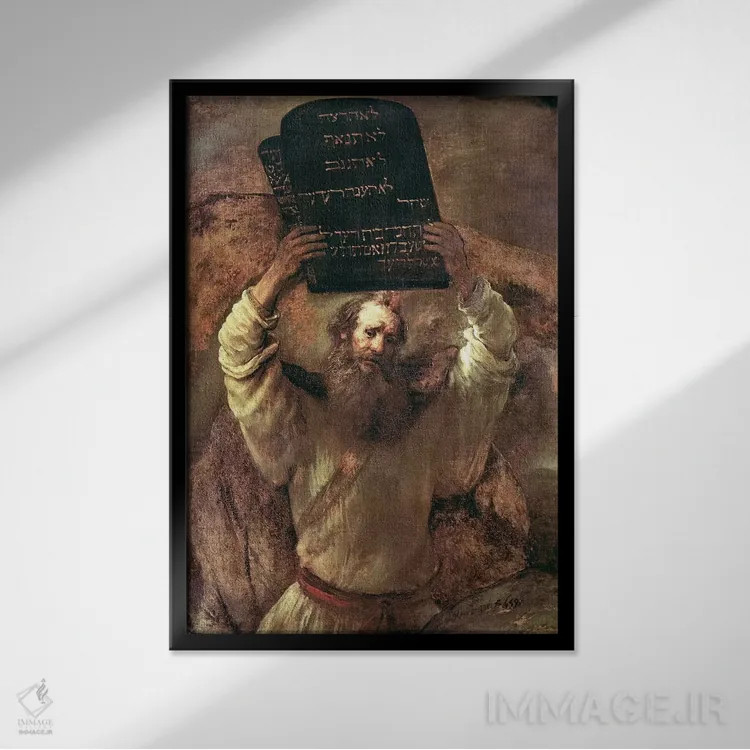 تابلو 1659,موسی در حال شکستن الواح شریعت، ۱۶۵۹ اثر رمبرانت فان رَین (نقاش بزرگ هلندی) - نمای قابدار مشکی