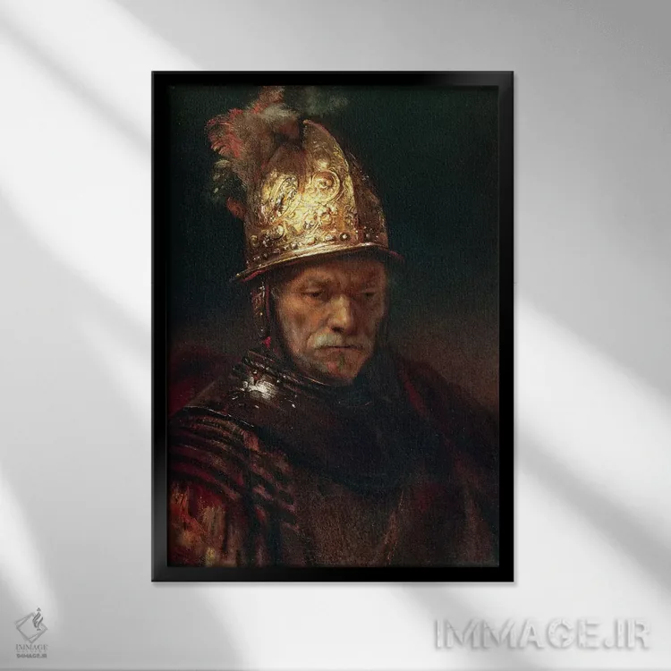 تابلو 1650-55,مرد با کلاهخود زرین، ۱۶۵۰–۵۵ اثر رمبرانت فان رَین (نقاش بزرگ هلندی) - نمای قابدار مشکی