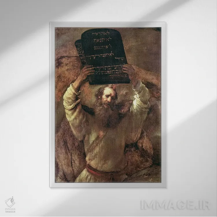 تابلو 1659,موسی در حال شکستن الواح شریعت، ۱۶۵۹ اثر رمبرانت فان رَین (نقاش بزرگ هلندی) - نمای قابدار سفید