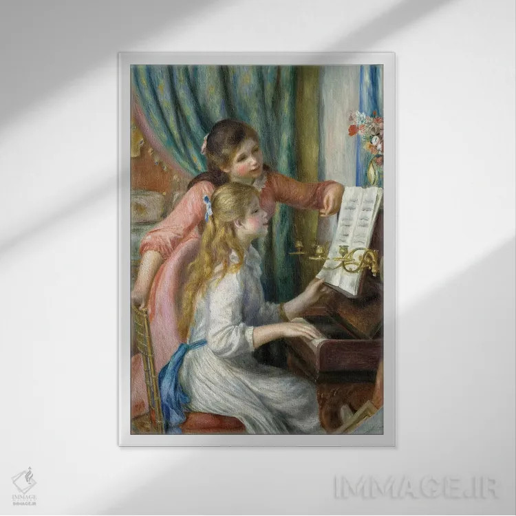 تابلو 1892,دو دختر جوان پای پیانو، ۱۸۹۲ اثر پیر-اوگوست رنوار - نمای قابدار سفید