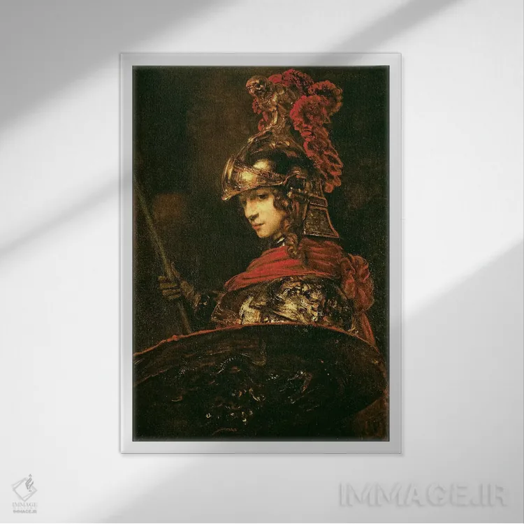 تابلو 1664-65,پالاس آتنا (پیکره زرهپوش)، ۱۶۶۴–۶۵ اثر رمبرانت فان رَین (نقاش بزرگ هلندی) - نمای قابدار سفید