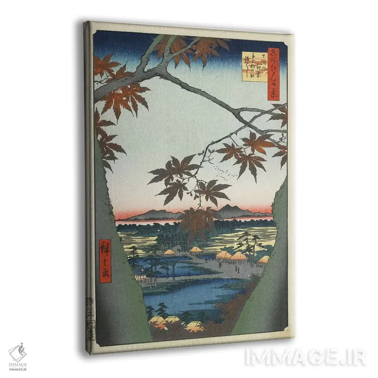 تابلو The Tekona Shrine And The Bridge At Mama, January 1857 (Minneapolis Institute Of Art),برگهای افرا، معبد تکنونا و پل ماما، ژانویه ۱۸۵۷ (موزه هنر مینیاپولیس) اثر اوتاگاوا هیروشگه (نقاش و چاپگر ژاپنی اوکییو-ئه) - نمای پرسپکتیو محصول