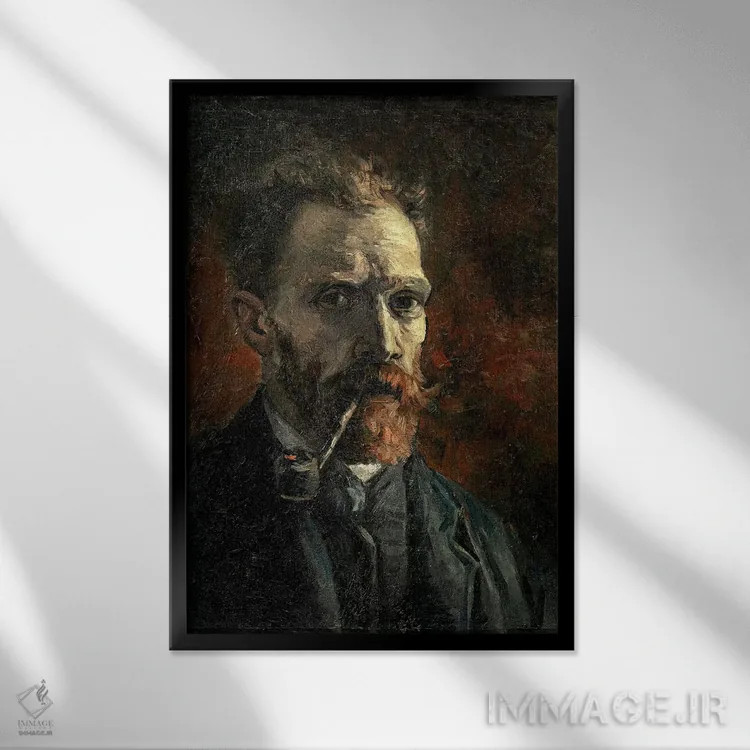 تابلو 1886,خودنگاره با پیپ، ۱۸۸۶ اثر ونسان ون گوگ (نقاش مشهور هلندی پستامپرسیونیسم) - نمای قابدار مشکی