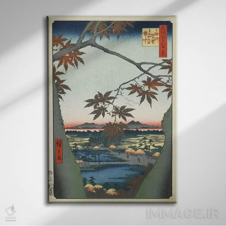 تابلو The Tekona Shrine And The Bridge At Mama, January 1857 (Minneapolis Institute Of Art),برگهای افرا، معبد تکنونا و پل ماما، ژانویه ۱۸۵۷ (موزه هنر مینیاپولیس) اثر اوتاگاوا هیروشگه (نقاش و چاپگر ژاپنی اوکییو-ئه) - نمای روبهرو روی دیوار
