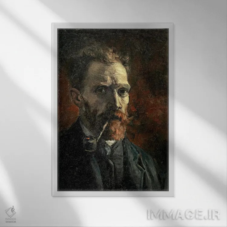 تابلو 1886,خودنگاره با پیپ، ۱۸۸۶ اثر ونسان ون گوگ (نقاش مشهور هلندی پستامپرسیونیسم) - نمای قابدار سفید