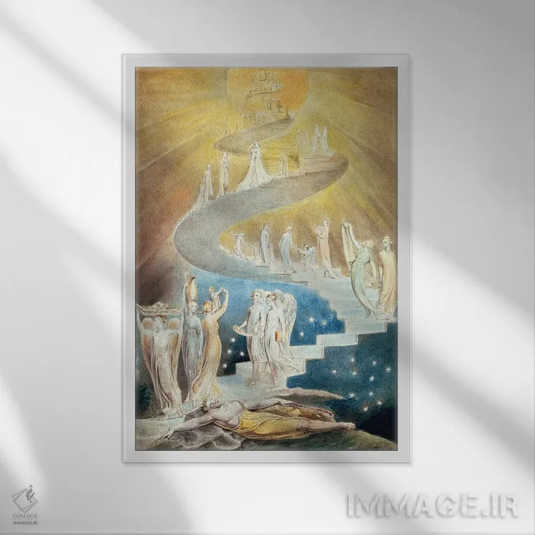 تابلو نردبان یعقوب (باوری) اثر ویلیام بلیک (نقاش و شاعر انگلیسی) - نمای قابدار سفید
