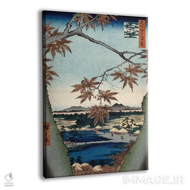 تابلو The Tekona Shrine And The Bridge At Mama (Private Collection),برگهای افرا، معبد تکنونا و پل ماما (مجموعه خصوصی) اثر اوتاگاوا هیروشگه (نقاش و چاپگر ژاپنی اوکییو-ئه) - نمای پرسپکتیو محصول