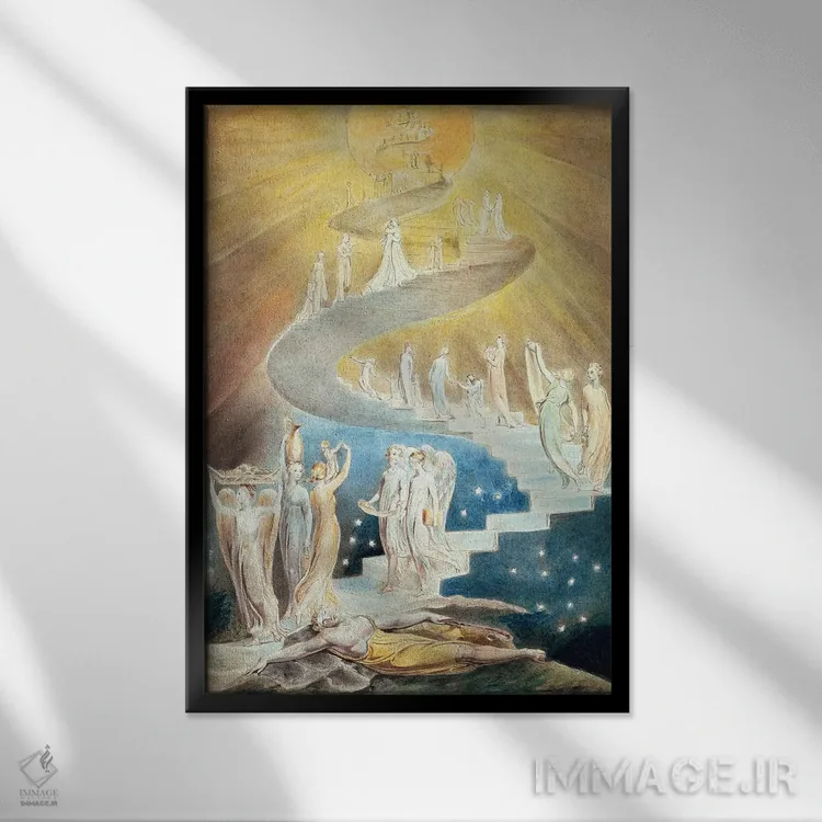 تابلو نردبان یعقوب (باوری) اثر ویلیام بلیک (نقاش و شاعر انگلیسی) - نمای قابدار مشکی