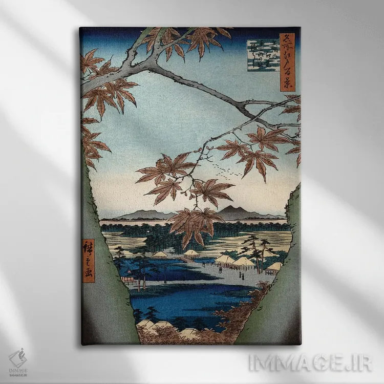 تابلو The Tekona Shrine And The Bridge At Mama (Private Collection),برگهای افرا، معبد تکنونا و پل ماما (مجموعه خصوصی) اثر اوتاگاوا هیروشگه (نقاش و چاپگر ژاپنی اوکییو-ئه) - نمای روبهرو روی دیوار