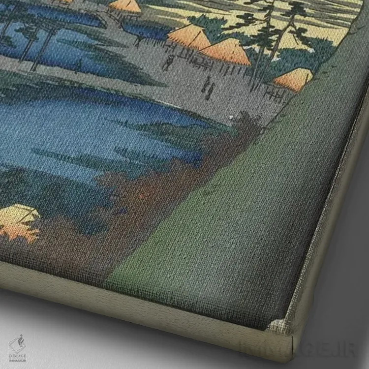 تابلو The Tekona Shrine And The Bridge At Mama, January 1857 (Minneapolis Institute Of Art),برگهای افرا، معبد تکنونا و پل ماما، ژانویه ۱۸۵۷ (موزه هنر مینیاپولیس) اثر اوتاگاوا هیروشگه (نقاش و چاپگر ژاپنی اوکییو-ئه) - نمای نزدیک بافت بوم