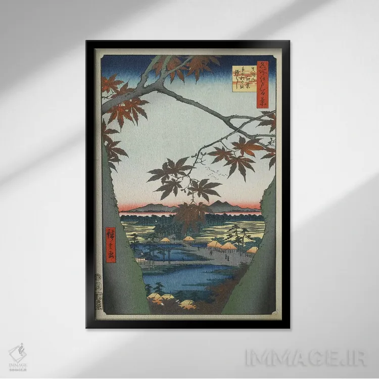 تابلو The Tekona Shrine And The Bridge At Mama, January 1857 (Minneapolis Institute Of Art),برگهای افرا، معبد تکنونا و پل ماما، ژانویه ۱۸۵۷ (موزه هنر مینیاپولیس) اثر اوتاگاوا هیروشگه (نقاش و چاپگر ژاپنی اوکییو-ئه) - نمای قابدار مشکی