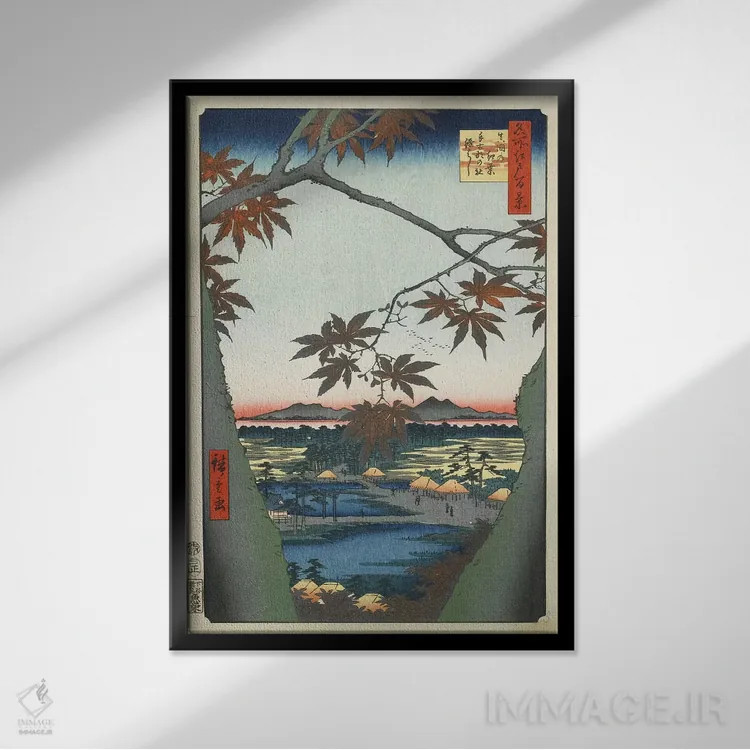 تابلو The Tekona Shrine And The Bridge At Mama, January 1857 (Minneapolis Institute Of Art),برگهای افرا، معبد تکنونا و پل ماما، ژانویه ۱۸۵۷ (موزه هنر مینیاپولیس) اثر اوتاگاوا هیروشگه (نقاش و چاپگر ژاپنی اوکییو-ئه) - نمای قابدار مشکی