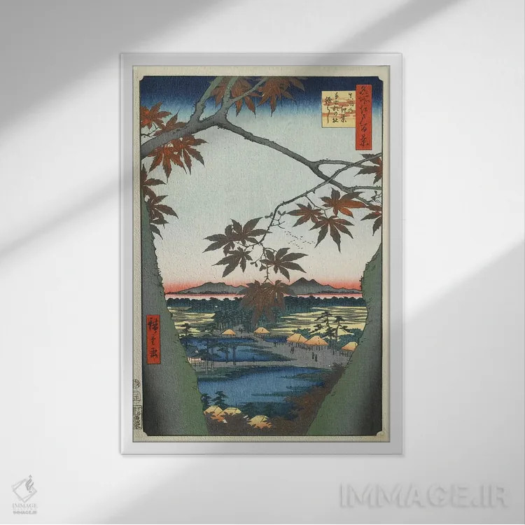 تابلو The Tekona Shrine And The Bridge At Mama, January 1857 (Minneapolis Institute Of Art),برگهای افرا، معبد تکنونا و پل ماما، ژانویه ۱۸۵۷ (موزه هنر مینیاپولیس) اثر اوتاگاوا هیروشگه (نقاش و چاپگر ژاپنی اوکییو-ئه) - نمای قابدار سفید