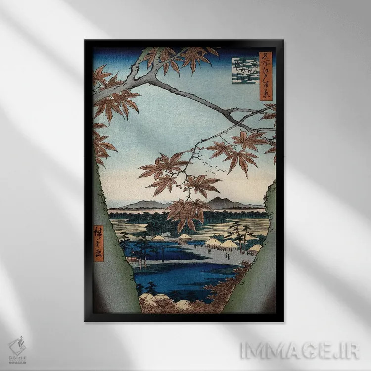 تابلو The Tekona Shrine And The Bridge At Mama (Private Collection),برگهای افرا، معبد تکنونا و پل ماما (مجموعه خصوصی) اثر اوتاگاوا هیروشگه (نقاش و چاپگر ژاپنی اوکییو-ئه) - نمای قابدار مشکی
