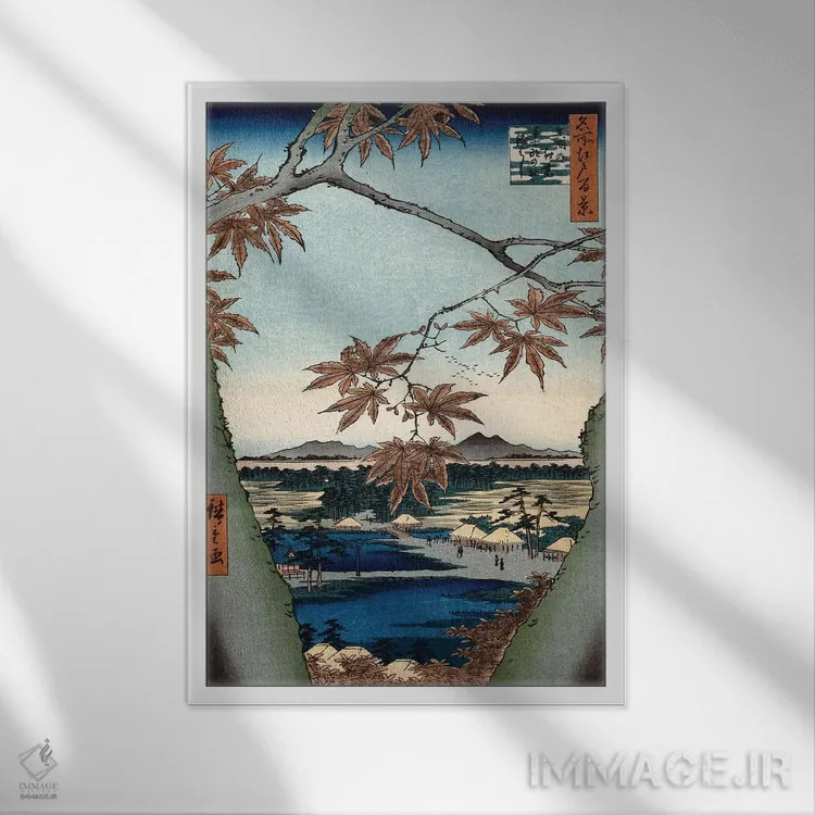 تابلو The Tekona Shrine And The Bridge At Mama (Private Collection),برگهای افرا، معبد تکنونا و پل ماما (مجموعه خصوصی) اثر اوتاگاوا هیروشگه (نقاش و چاپگر ژاپنی اوکییو-ئه) - نمای قابدار سفید