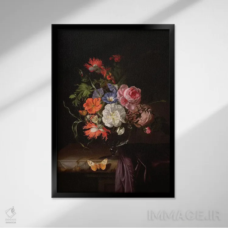 تابلو طبیعت بیجان گلها در گلدانی روی رف اثر ریچل رویش - نمای قابدار مشکی