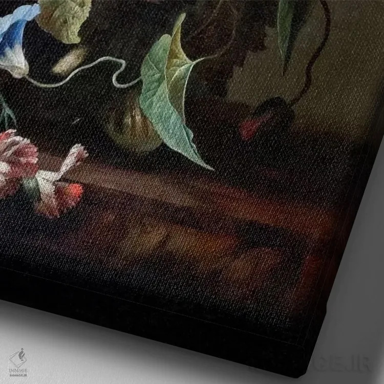 تابلو طبیعت بیجان با گلها، حدود ۱۷۰۰ اثر ریچل رویش - نمای نزدیک بافت بوم