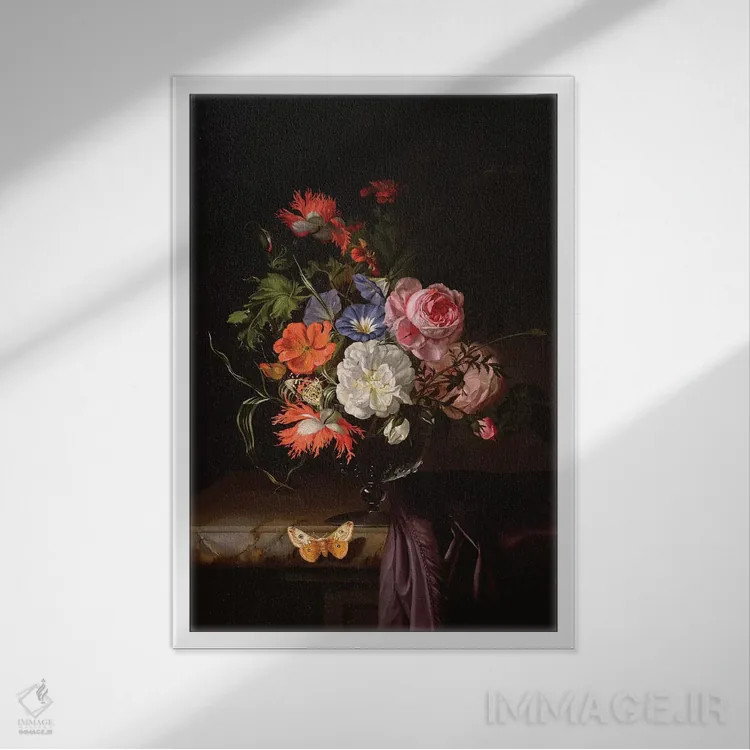 تابلو طبیعت بیجان گلها در گلدانی روی رف اثر ریچل رویش - نمای قابدار سفید