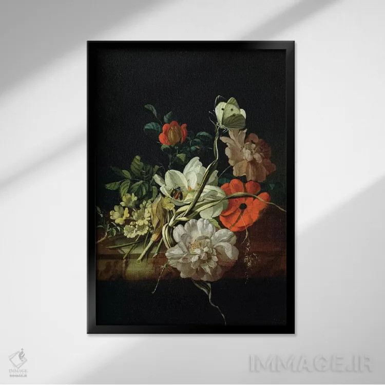 تابلو طبیعت بیجان با گلها اثر ریچل رویش - نمای قابدار مشکی