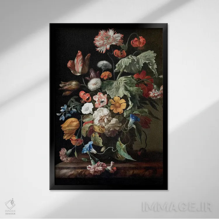 تابلو طبیعت بیجان با گلها، حدود ۱۷۰۰ اثر ریچل رویش - نمای قابدار مشکی