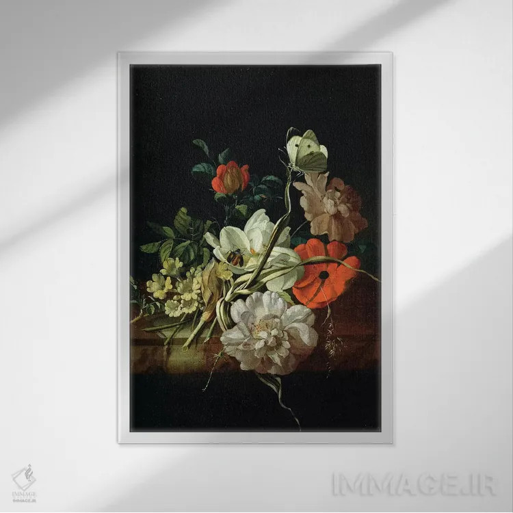 تابلو طبیعت بیجان با گلها اثر ریچل رویش - نمای قابدار سفید