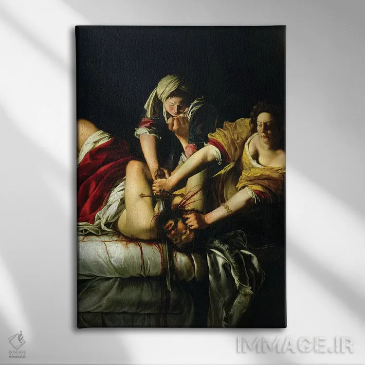 تابلو یودیت در حال کشتن هولوفرن (گالری اوفیتزی)، ۱۶۱۲–۲۱ اثر آرتمیزیا جنتیلسکی (نقاش مشهور ایتالیایی دوره باروک) - نمای روبهرو روی دیوار