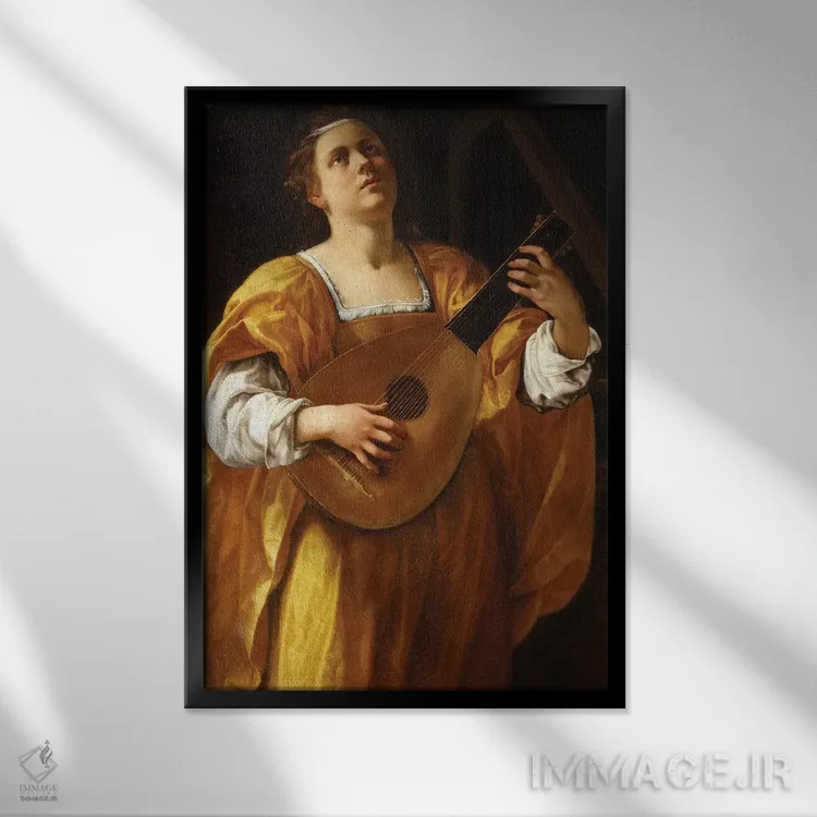 تابلو سنت سسیلیا، ۱۶۲۰ (شاهدخت موسیقی) اثر آرتمیزیا جنتیلسکی (نقاش مشهور ایتالیایی دوره باروک) - نمای قابدار مشکی