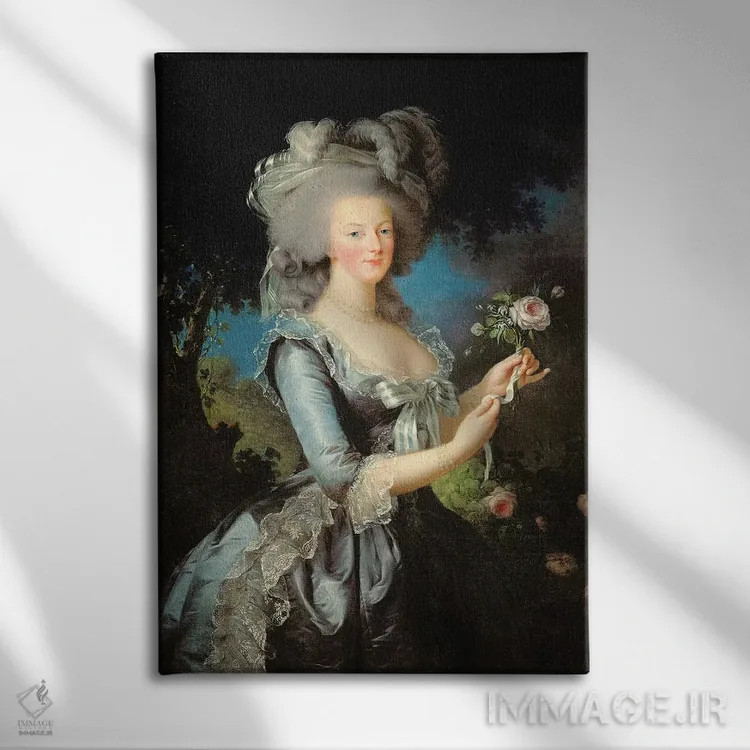 تابلو ماری آنتوانت با یک گل رز، ۱۷۸۳ اثر الیزابت لوئیز ویژه لو برن (نقاش فرانسوی) - نمای روبهرو روی دیوار