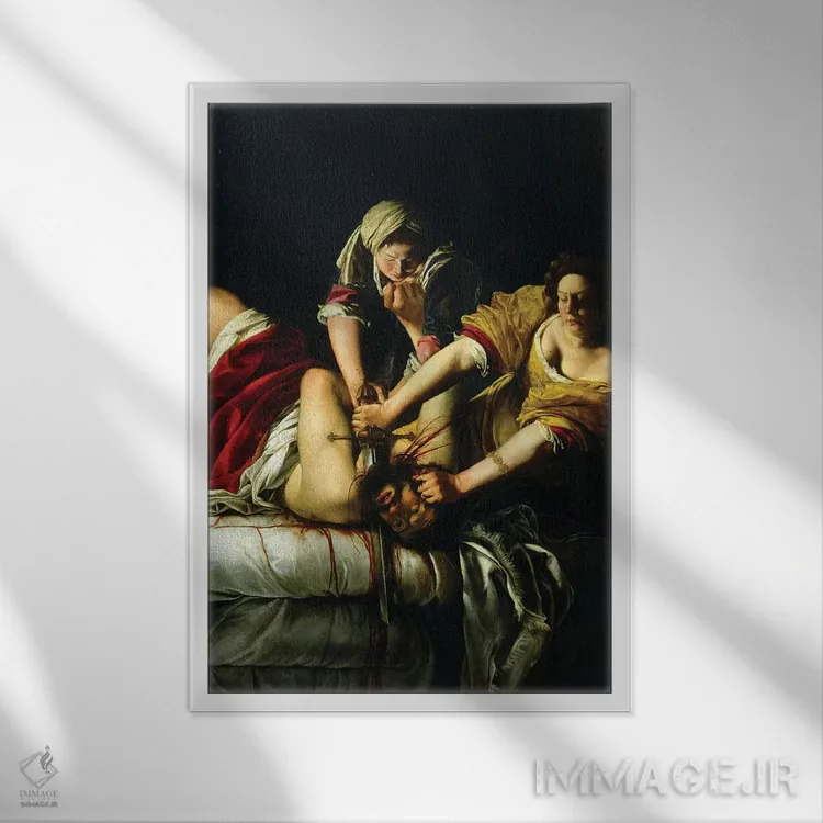 تابلو یودیت در حال کشتن هولوفرن (گالری اوفیتزی)، ۱۶۱۲–۲۱ اثر آرتمیزیا جنتیلسکی (نقاش مشهور ایتالیایی دوره باروک) - نمای قابدار سفید