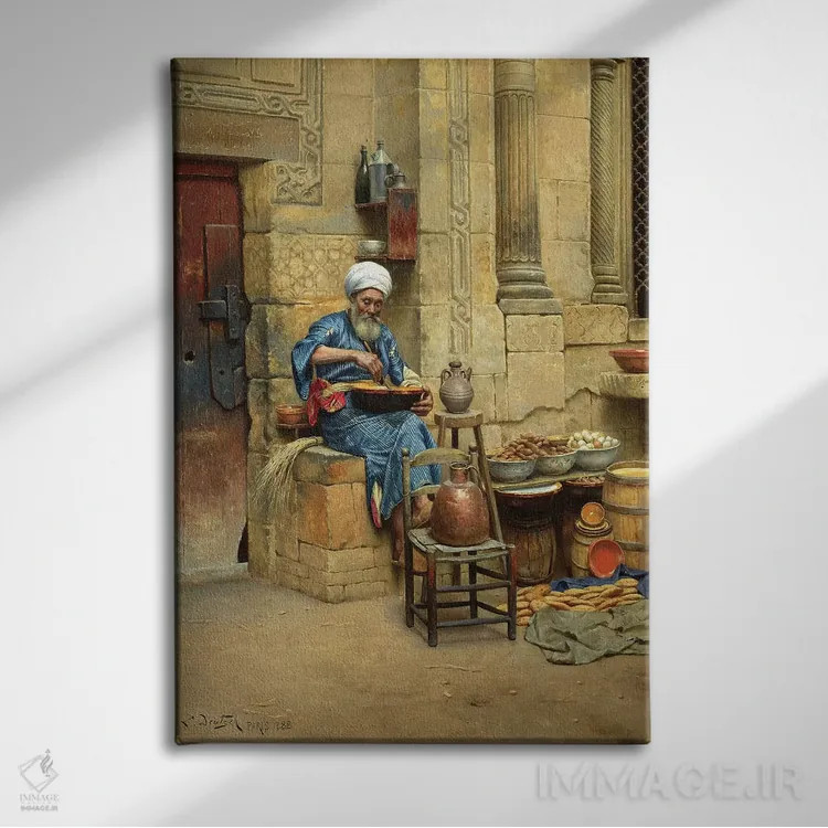 تابلو دستفروش خیابانی، ۱۸۸۸ اثر لودویگ دویچ - نمای روبهرو روی دیوار