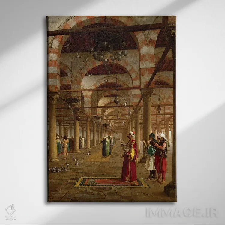 تابلو نماز در مسجد، ۱۸۷۱ اثر ژان لئون ژروم (نقاش فرانسوی) - نمای روبهرو روی دیوار