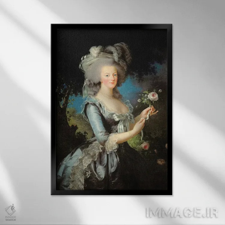 تابلو ماری آنتوانت با یک گل رز، ۱۷۸۳ اثر الیزابت لوئیز ویژه لو برن (نقاش فرانسوی) - نمای قابدار مشکی