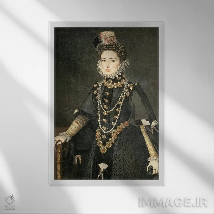 تابلو اینتافا کاتالینا میکائلا، دوشس ساووا، دختر فیلیپ دوم اسپانیا و ایزابلا دو والوا، ۱۵۸۴ اثر سوفونیسبا آنگویسولا (نقاش رنسانس ایتالیا) - نمای قابدار سفید
