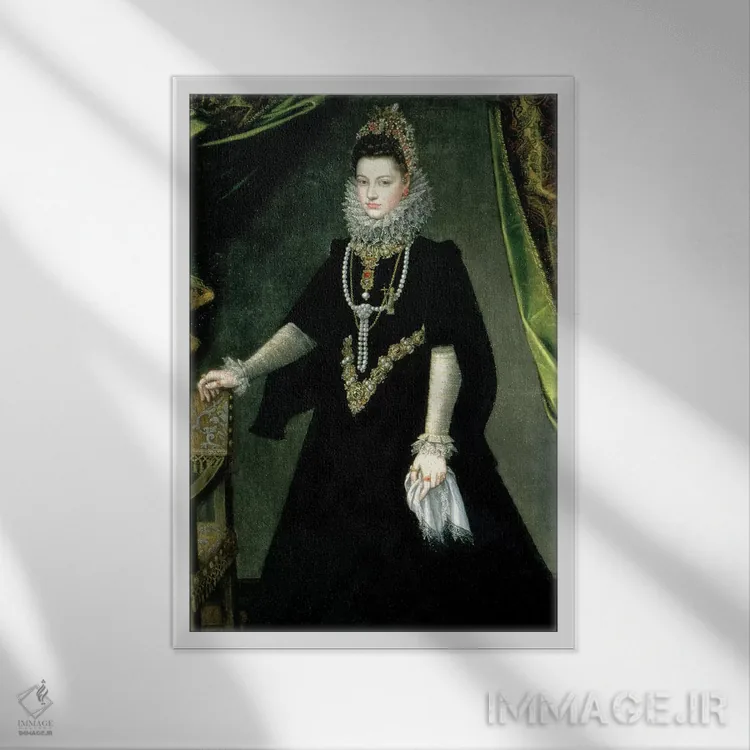 تابلو اینتافا ایزابلا کلارا اوژنی، دختر شاه فیلیپ دوم اسپانیا و ایزابلا دو والوا، ۱۵۹۹ اثر سوفونیسبا آنگویسولا (نقاش رنسانس ایتالیا) - نمای قابدار سفید