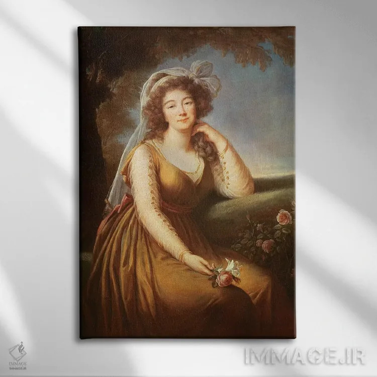 تابلو کنتس دو باری در حال نگه داشتن گل رز اثر الیزابت لوئیز ویژه لو برن (نقاش فرانسوی) - نمای روبهرو روی دیوار